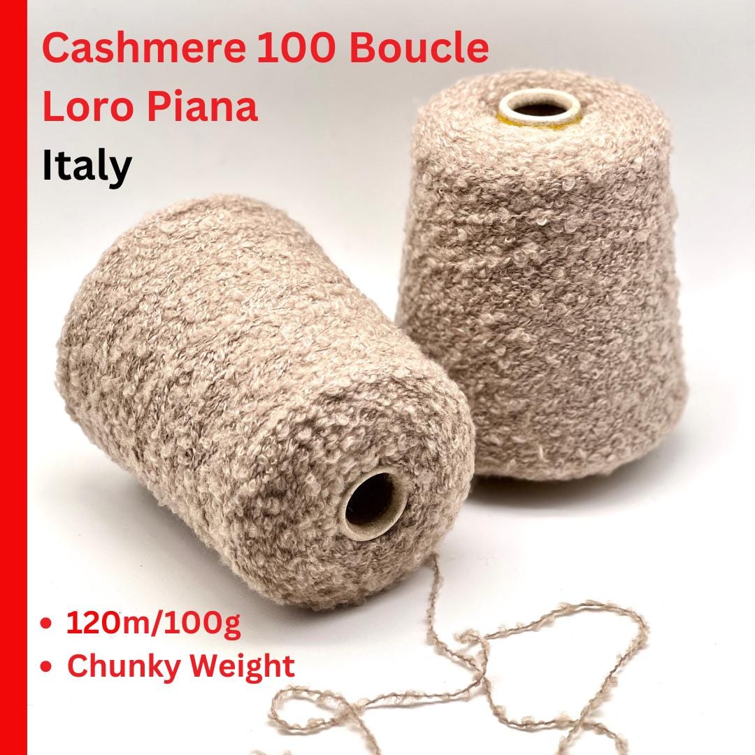 Two skeins of Loro Piana cashmere yarn on a white background with text about the product.