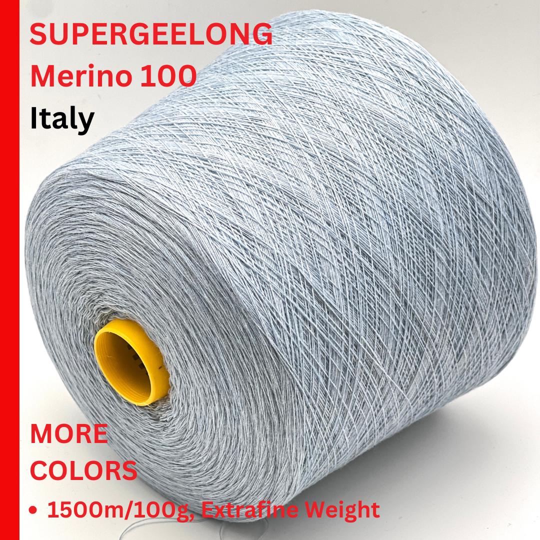 Roll of Supergeelong Merino 100 yarn with text on a white background