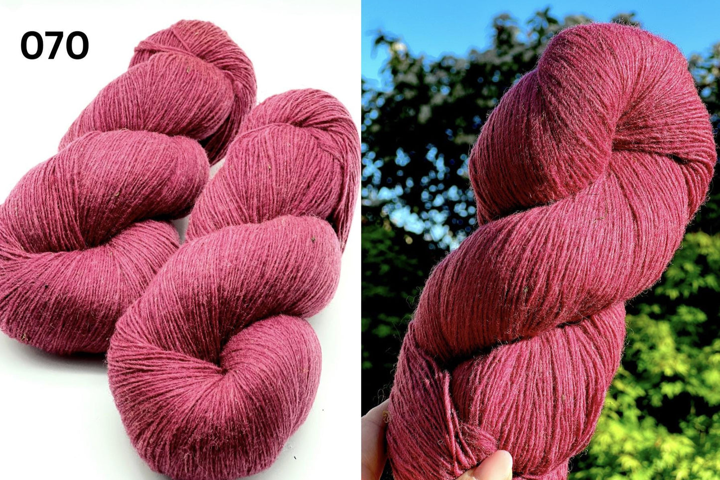 Two skeins of pink yarn with a close-up of one skein held against a natural background.