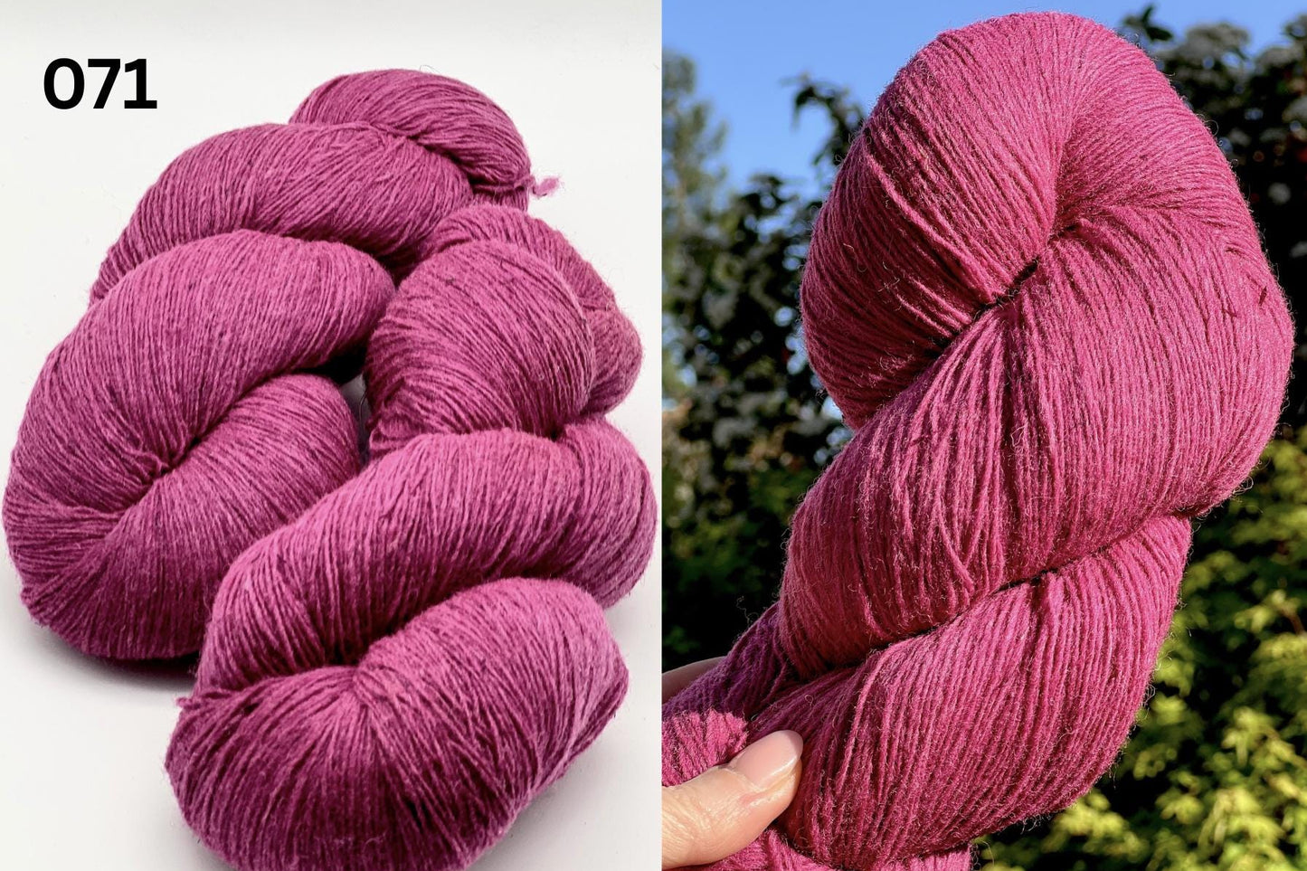 Two skeins of pink yarn, one on a white background and one held in a hand with a blurred green background.