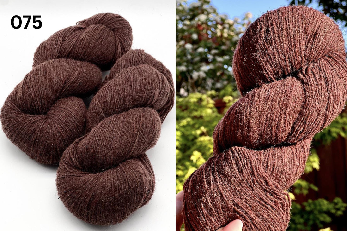 Brown yarn skein with a color code '075' on a white background, held in front of greenery.
