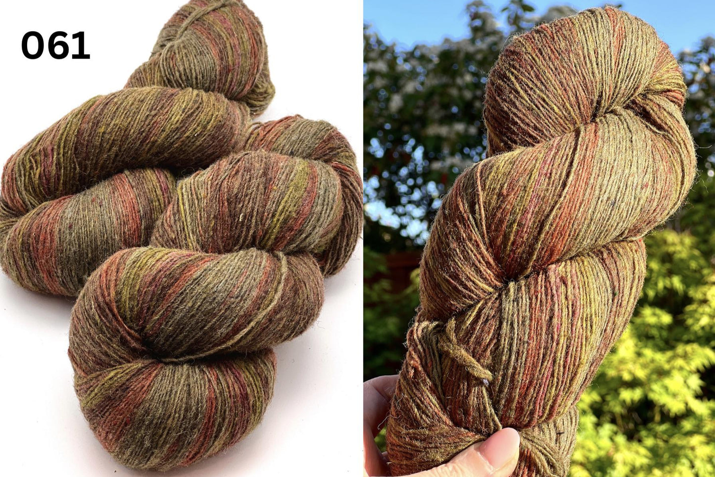 Multicolored yarn skein with a blurred natural background