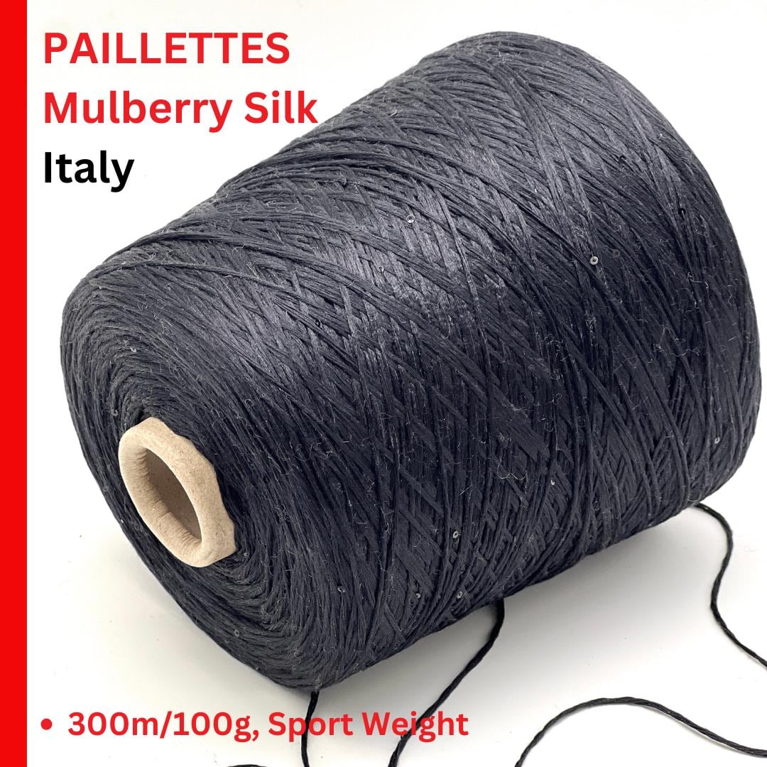 Spool of black mulberry silk yarn with text on a white background