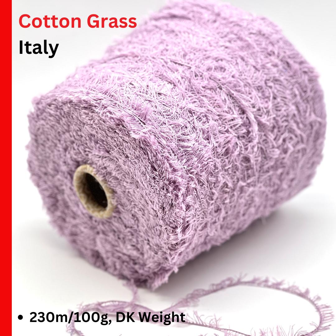 Roll of pink yarn with text indicating 'Cotton Grass Italy' and product details.