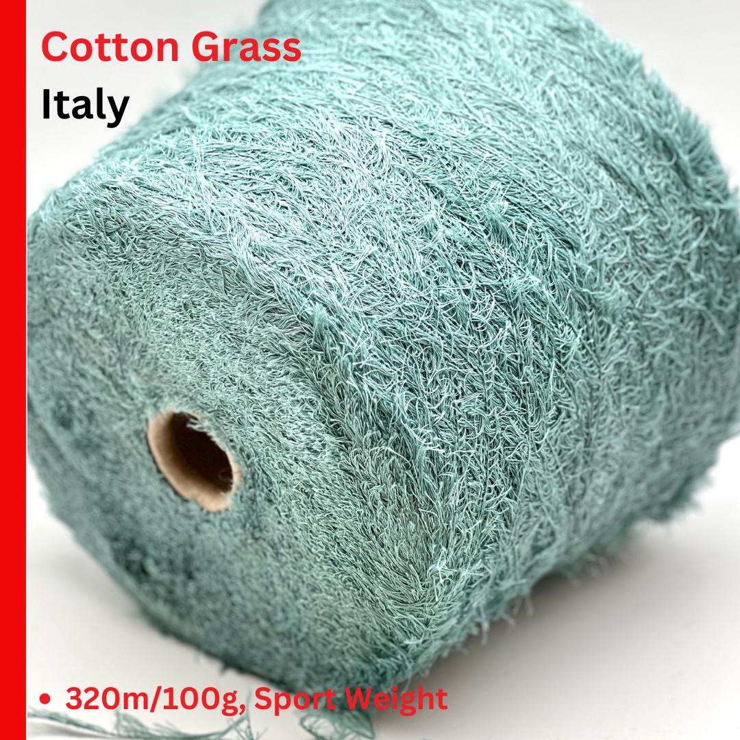 Roll of green yarn with text indicating 'Cotton Grass Italy' and product details.