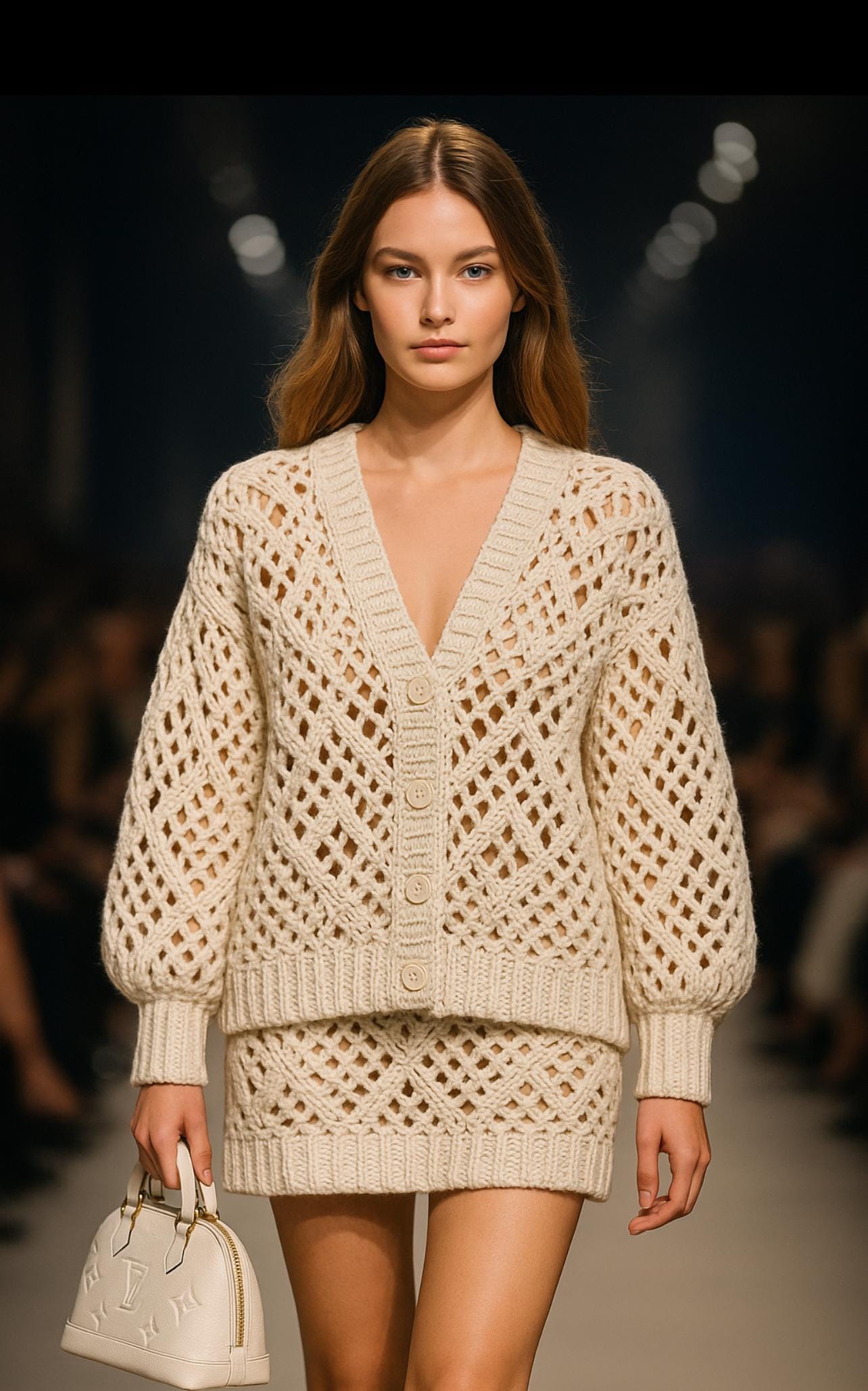 Model wearing a beige knitted dress on a runway
