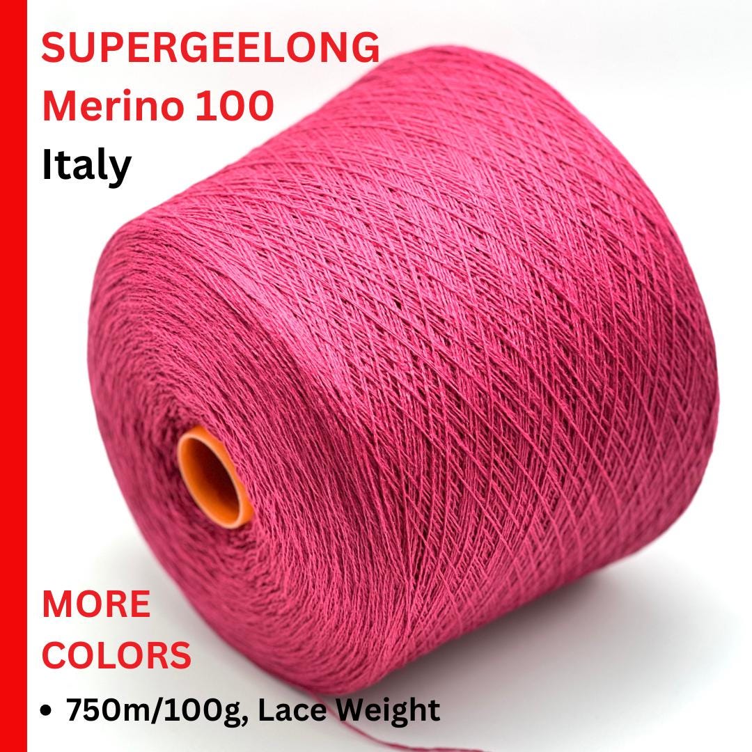 Pink spool of yarn with text about Supergeelong Merino 100 yarn from Italy on a white background.