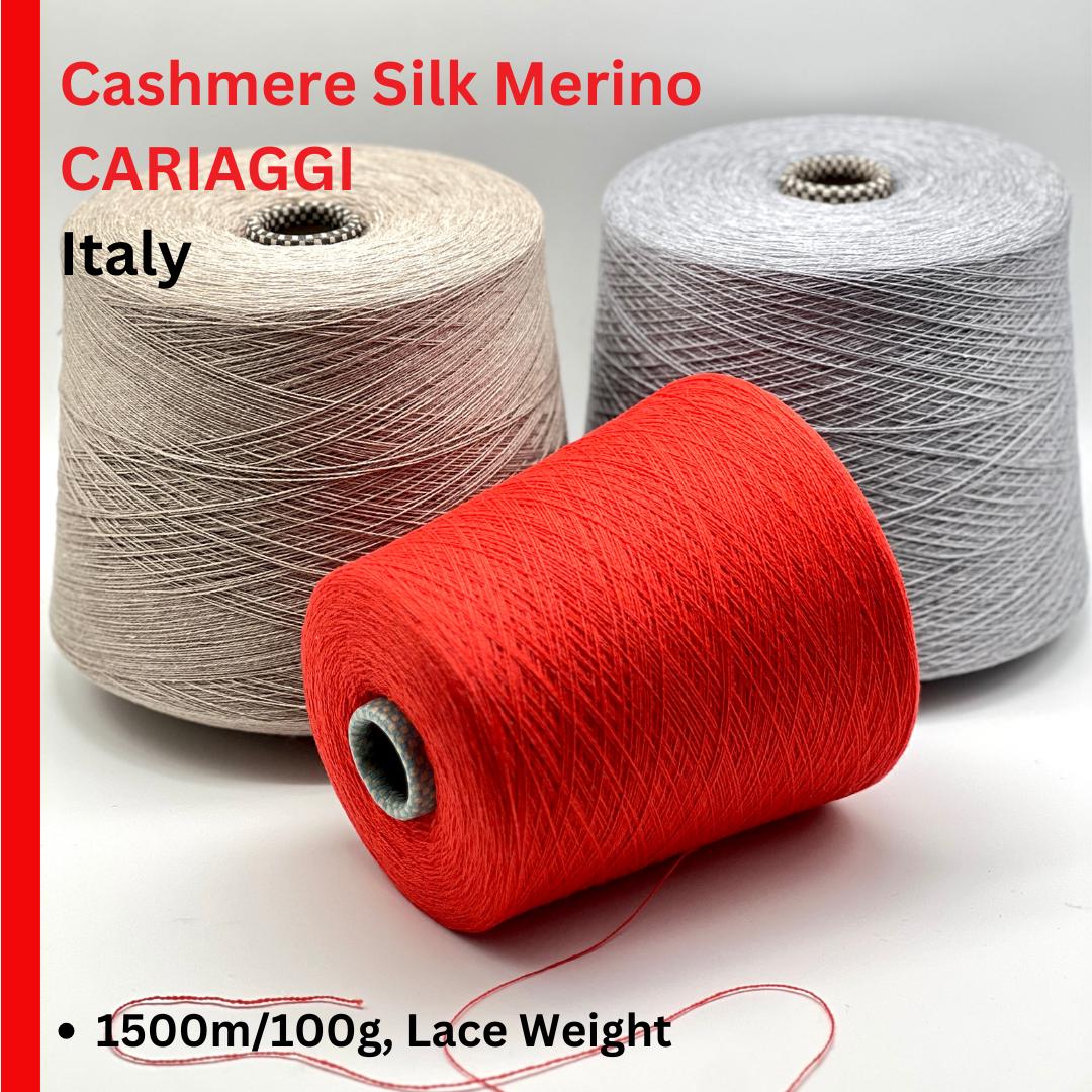 Three spools of yarn in red, beige, and gray with 'Cariaggi' branding on a white background.