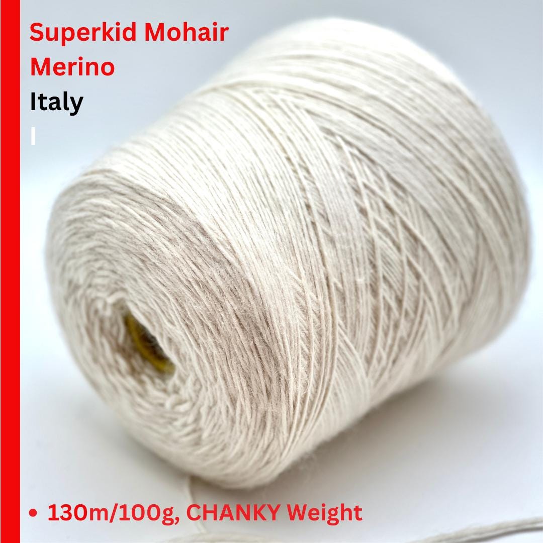 Spool of Superkid Mohair Merino yarn from Italy on a white background with text overlay.