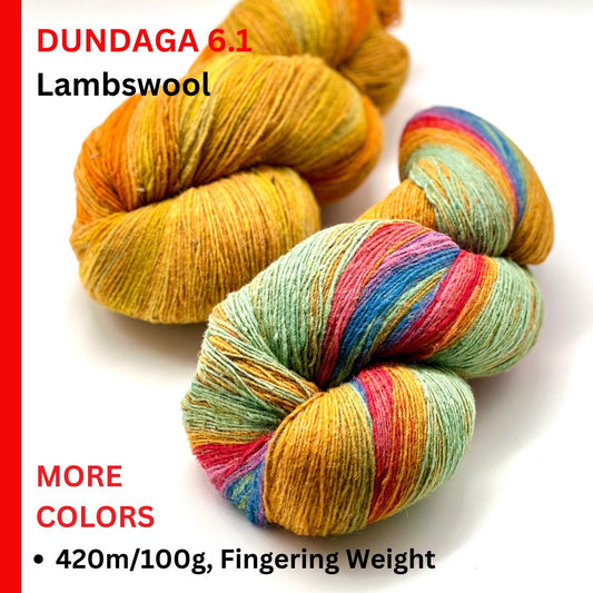 Colorful yarn skeins with text about DUNDAGA 6.1 Lambswool on a white background.