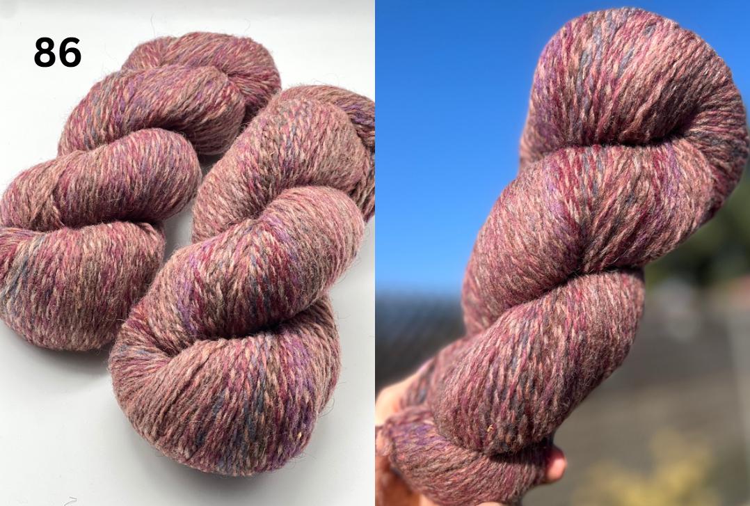 Two images of purple yarn with a blurred background on the right