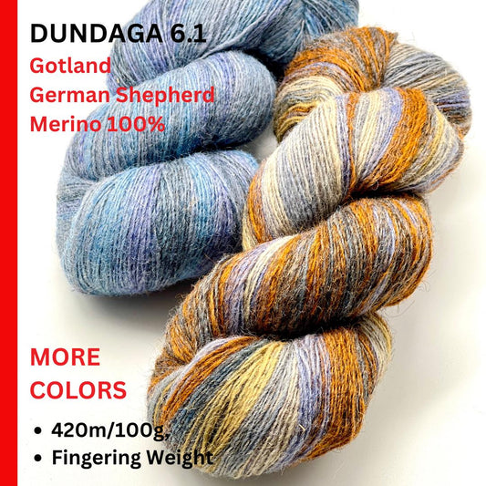 Two skeins of yarn with color names and product details on a white background