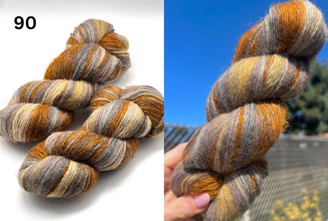 Multicolored yarn skein on a white background with a blue sky and trees in the background.