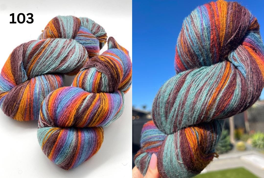 Multicolored skein of yarn on a white background with a close-up outdoors.