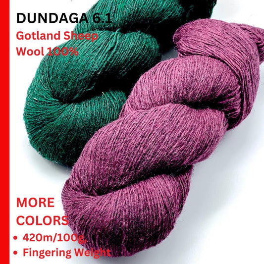 Two skeins of yarn, one green and one purple, on a white background with text about the yarn's details.