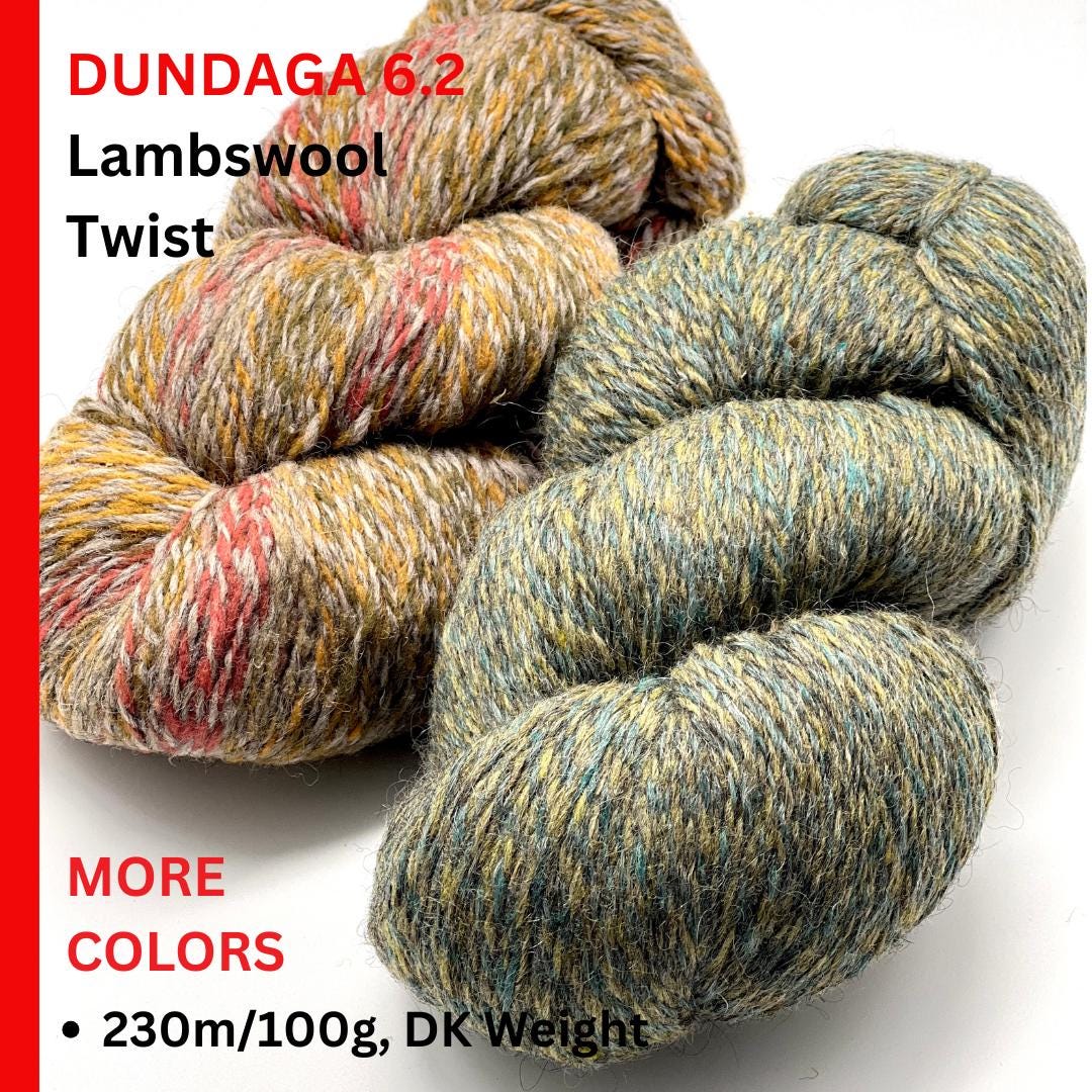 Three skeins of yarn with text about Dundaga 6.2 Lambswool Twist on a white background.