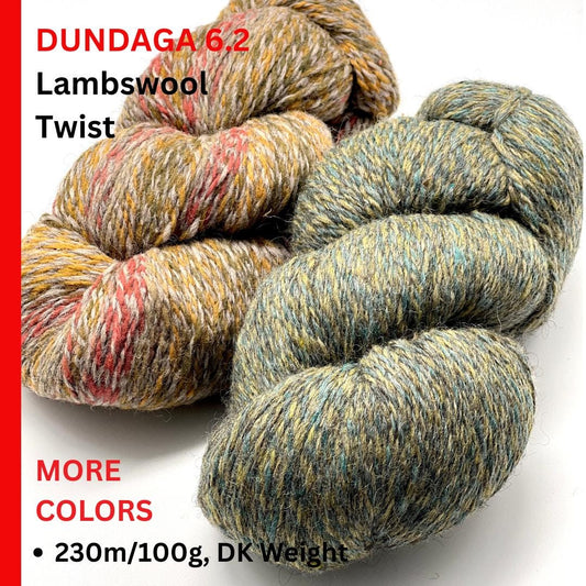 Three skeins of yarn with text about Dundaga 6.2 Lambswool Twist on a white background.