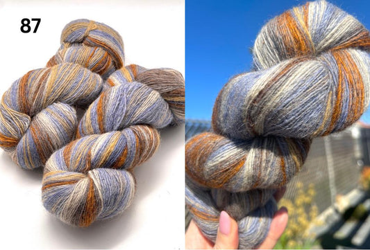 Multicolored yarn skeins with a blue sky and building background