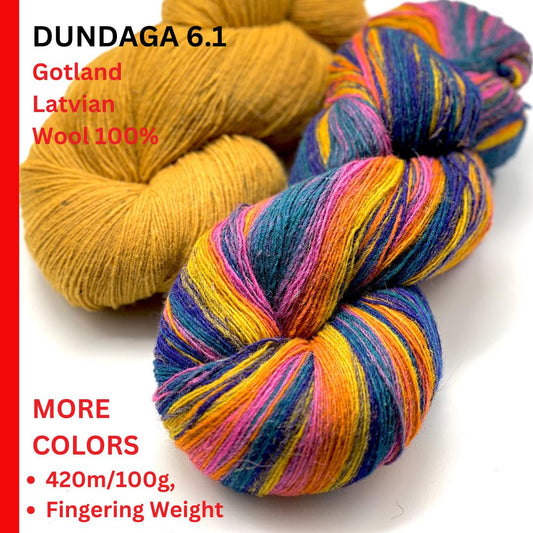 Colorful yarn skeins with text about Dundaga 6.1 yarn on a white background