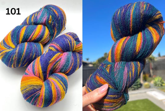 Multicolored yarn skein with a blurred outdoor background