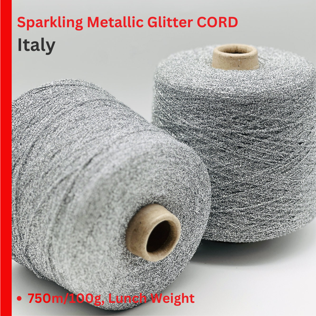 Two spools of sparkling metallic glitter cord with text on a gray background