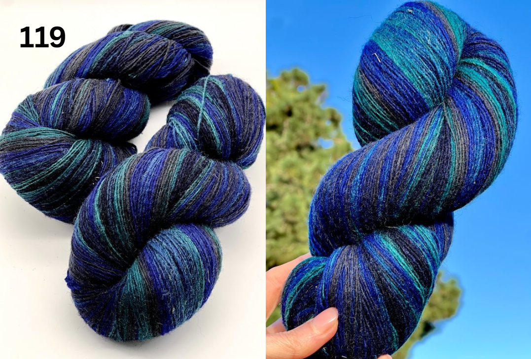 Small-batch dyed skeins of 100% Latvian Dark-Headed Sheep Wool in varied earth tones and vibrant multi-colors like Green-Brown striped 052. The rustic single-ply texture is shown in detail, including images of the sheep and the historic Paces Vilnas Fabrika origin. Available at iDOKNiT.com.