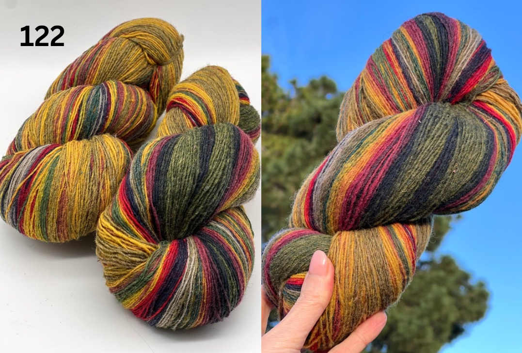 Small-batch dyed skeins of 100% Latvian Dark-Headed Sheep Wool in varied earth tones and vibrant multi-colors like Green-Brown striped 052. The rustic single-ply texture is shown in detail, including images of the sheep and the historic Paces Vilnas Fabrika origin. Available at iDOKNiT.com.