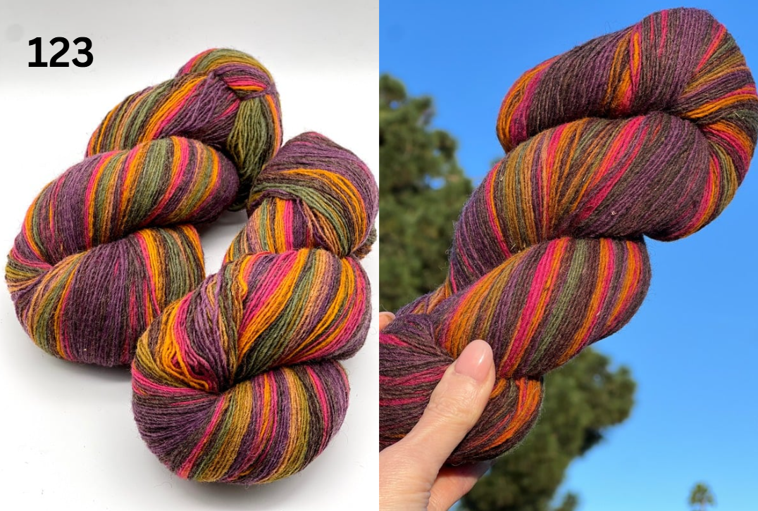 Small-batch dyed skeins of 100% Latvian Dark-Headed Sheep Wool in varied earth tones and vibrant multi-colors like Green-Brown striped 052. The rustic single-ply texture is shown in detail, including images of the sheep and the historic Paces Vilnas Fabrika origin. Available at iDOKNiT.com.