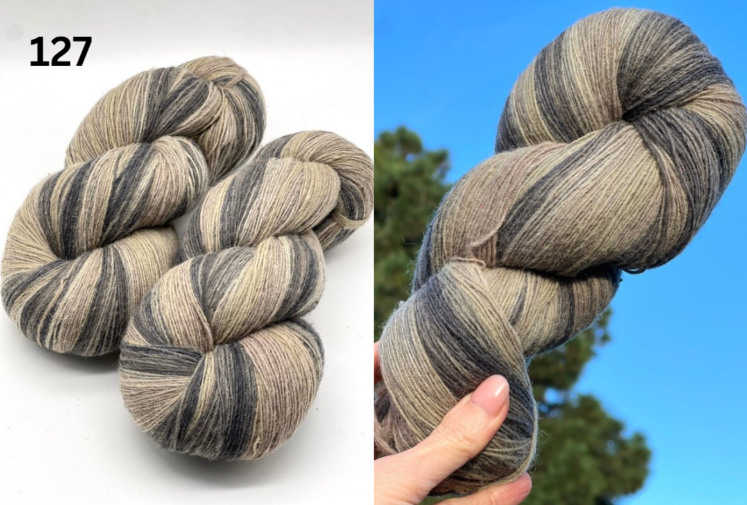 Small-batch dyed skeins of 100% Latvian Dark-Headed Sheep Wool in varied earth tones and vibrant multi-colors like Green-Brown striped 052. The rustic single-ply texture is shown in detail, including images of the sheep and the historic Paces Vilnas Fabrika origin. Available at iDOKNiT.com.