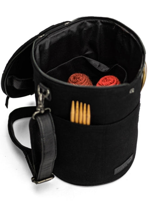 muud Saturn XL canvas project bag with genuine leather details and yarn feed holes from iDOKNiT