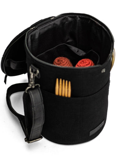 muud Saturn XL canvas project bag with genuine leather details and yarn feed holes from iDOKNiT