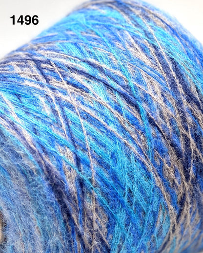 Close-up of blue and gray yarn with a visible brand number 1496.