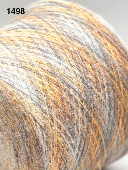 Close-up of a ball of yarn with orange and gray fibers.