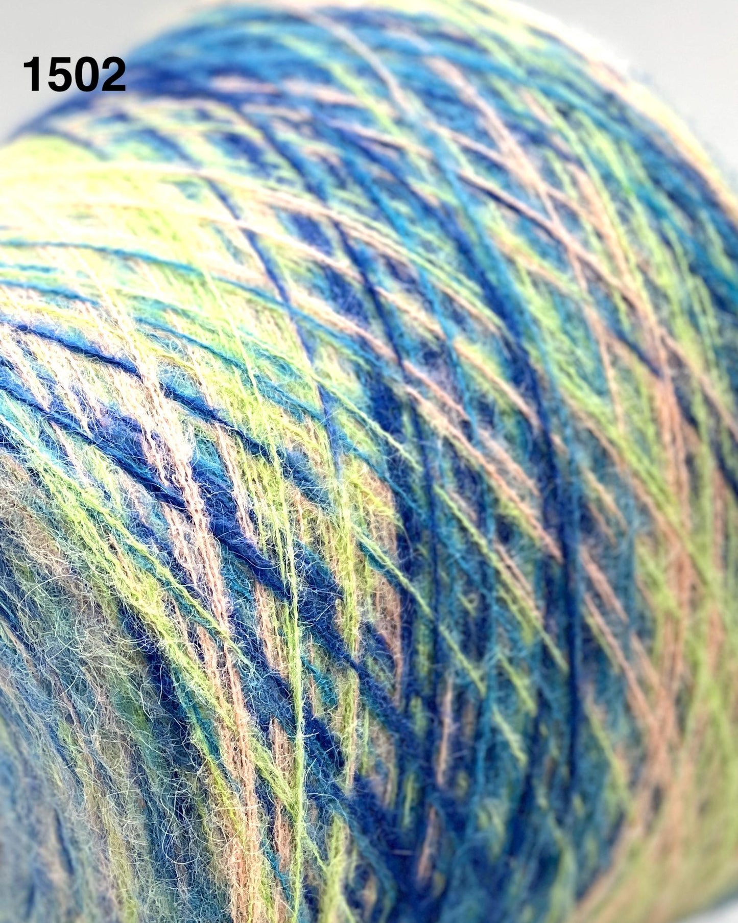 Close-up of a ball of yarn with blue and green colors.