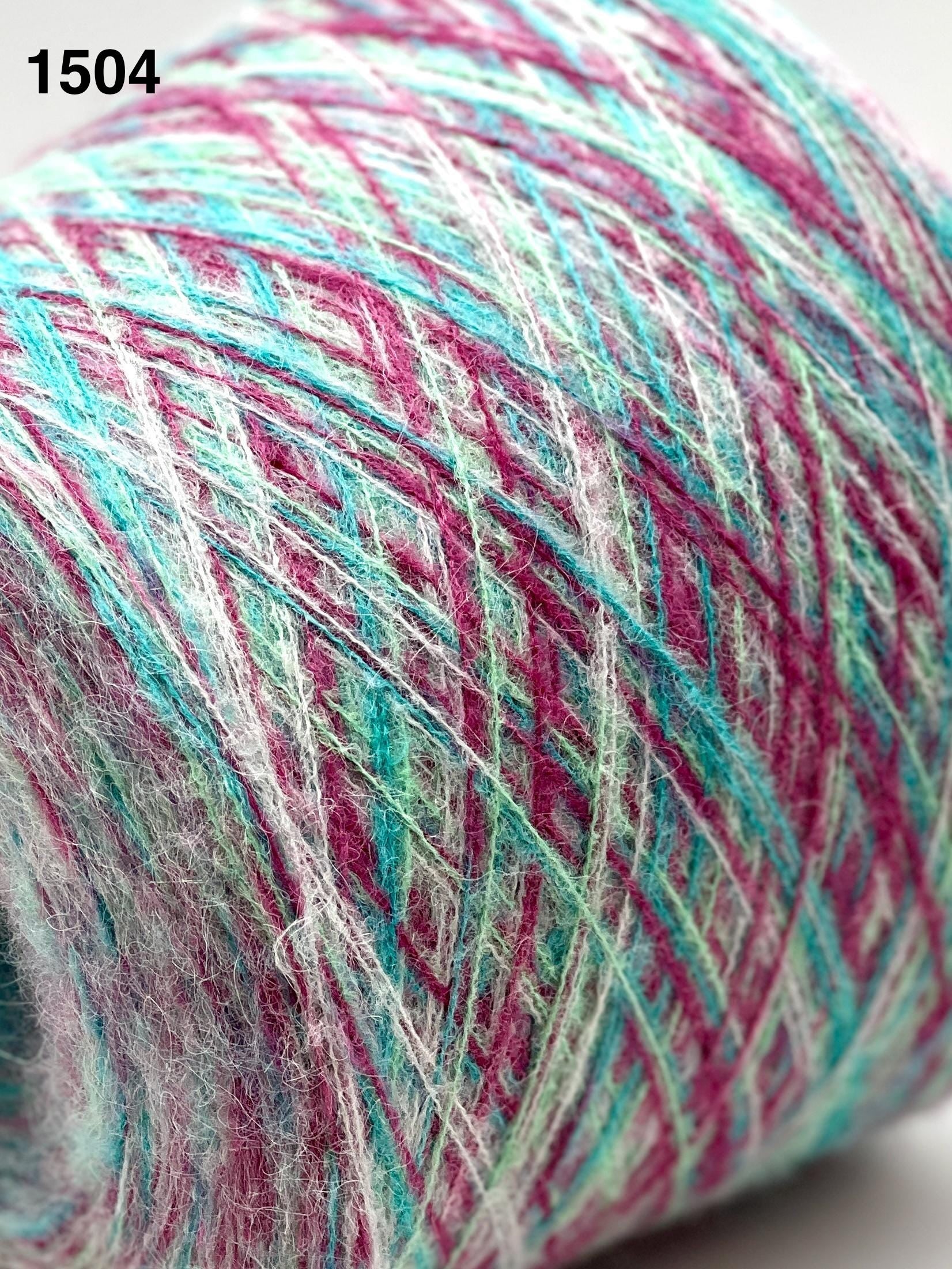 Close-up of multicolored yarn with a visible label '1504'.
