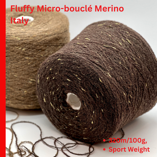 Two balls of brown yarn with gold speckles on a white background, labeled 'Fluffy Micro-bouëlé Merino Italy'.