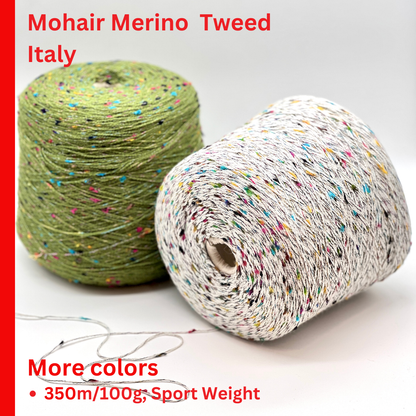 Two skeins of yarn, one green and one multicolored, on a white background with text about Mohair Merino Tweed from Italy.