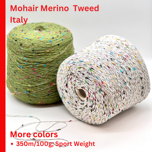 Two skeins of yarn, one green and one multicolored, on a white background with text about Mohair Merino Tweed from Italy.
