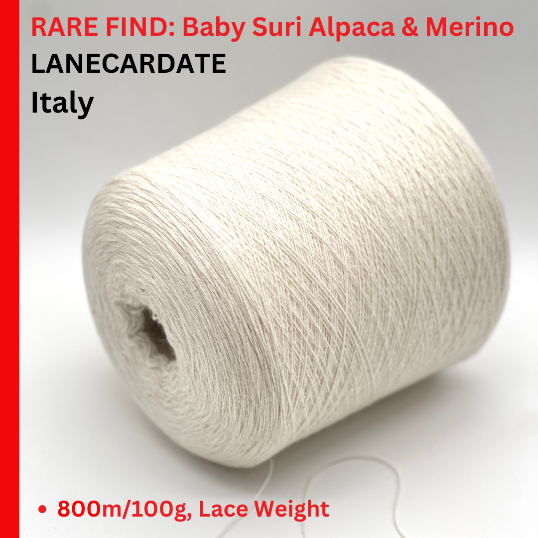 Spool of yarn with text about Baby Suri Alpaca & Merino yarn from Lanecardate Italy.