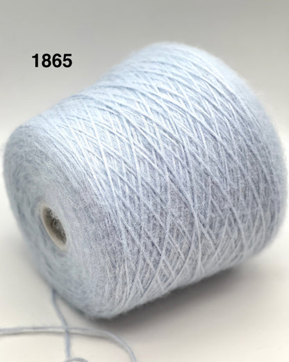 Spool of light blue yarn on a white background