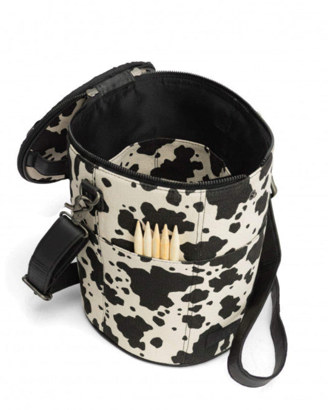 muud Saturn XL canvas project bag with genuine leather details and yarn feed holes from iDOKNiT