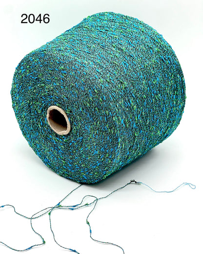 Exclusive iDOKNiT RiGo NODINO lace yarn featuring a radiant 67% viscose and 7% Lurex blend with a decorative Shishibriki texture for sophisticated Italian knitwear.