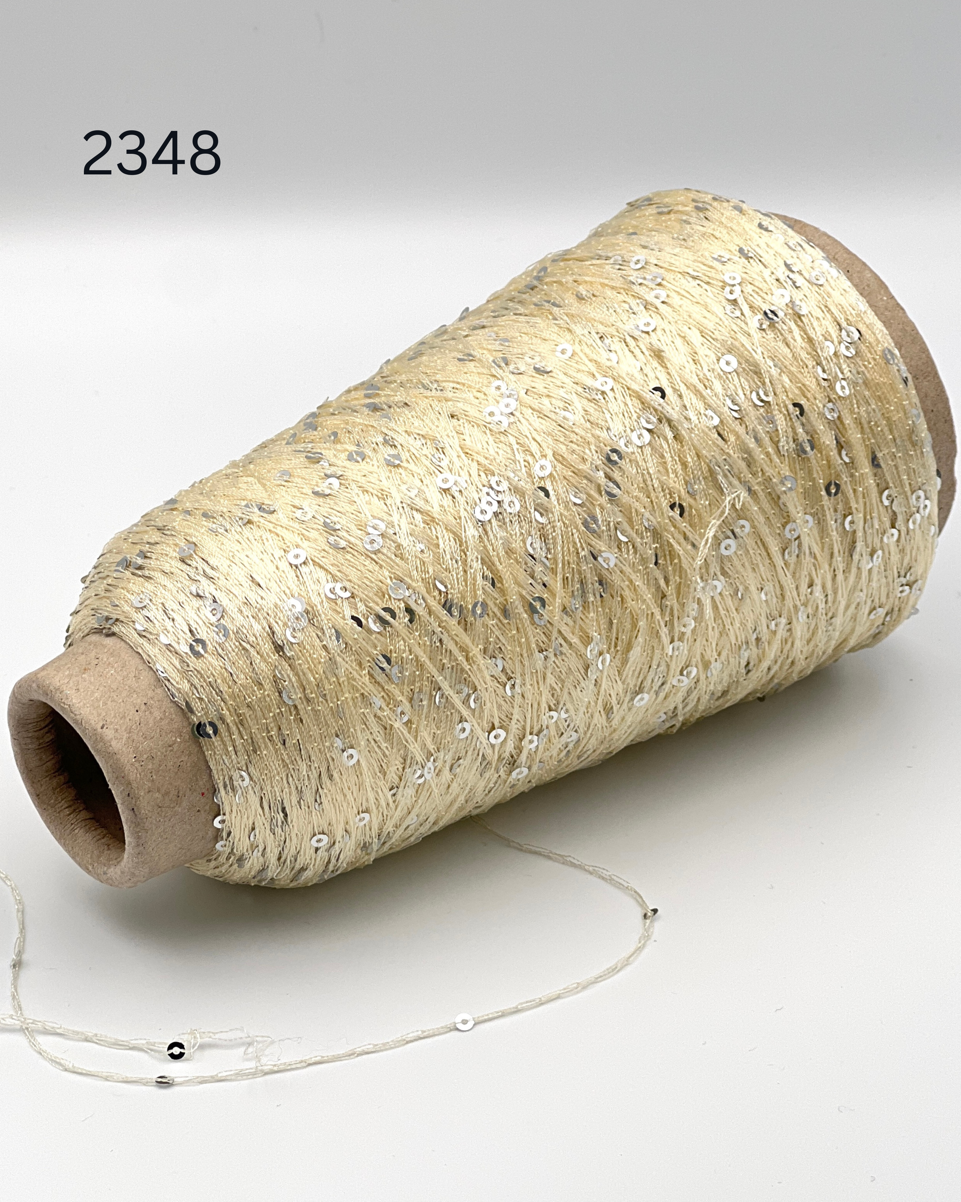 Luxury Italian paillettes yarn ESTRELLA by ECAFIL
Soft chainette sequin yarn on original cone
Italian fashion paillettes yarn for luxury knitwear
Designer companion yarn with integrated paillettes
Luxury Italian cone yarn with silver and green paillettes