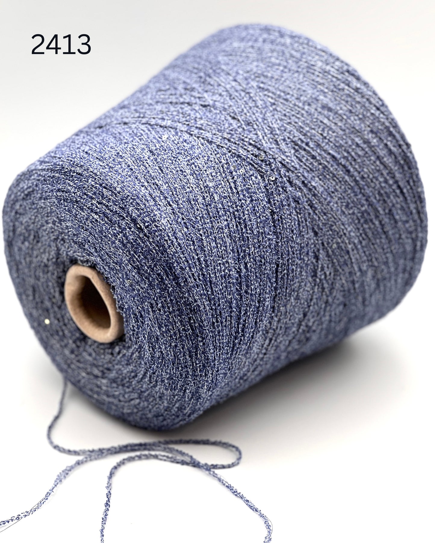 G&G Filati FRIZZ luxury 50% merino wool and 50% silk blend Italian sport weight fantasy boucle yarn in Midnight Blue with integrated 2mm transparent paillettes sequins for runway-ready fashion knitwear at iDOKNiT.