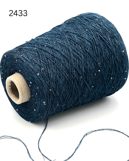 GG FILATI LINO 360 Italian 100 percent linen fingering weight yarn with integrated 1 to 2mm silver paillettes and midnight blue lurex on cone from iDOKNiT
