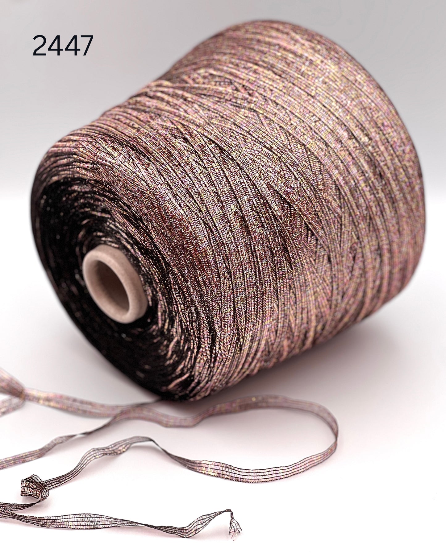 Vimar 1991 Eco Polis Italian open ladder lurex ribbon yarn in iridescent antique rose gold balls from iDOKNiT