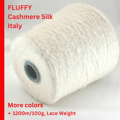 Spool of fluffy cashmere silk yarn with text on a white background