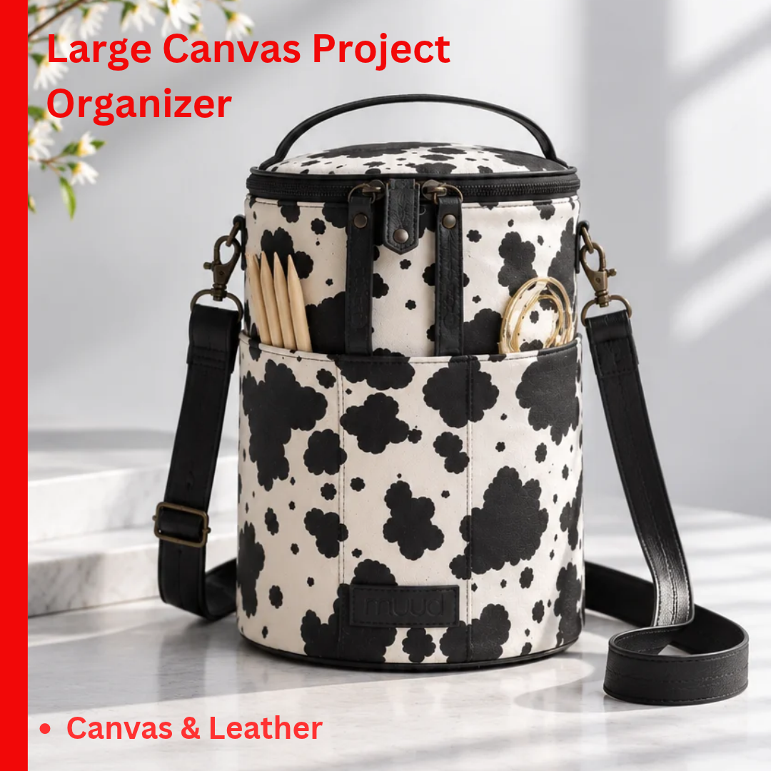 muud Saturn XL canvas project bag with genuine leather details and yarn feed holes from iDOKNiT