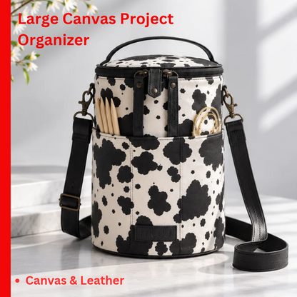 muud Saturn XL canvas project bag with genuine leather details and yarn feed holes from iDOKNiT
