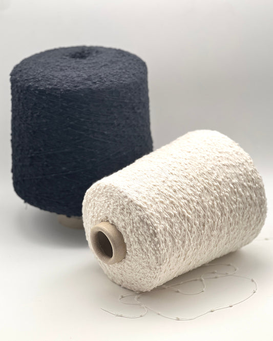Premium Italian cotton bouclé popcorn yarn by Lineapiù Italia for iDOKNiT. Textured cotton blend yarn on cones in various weights for luxury hand-knit and machine-knit projects.